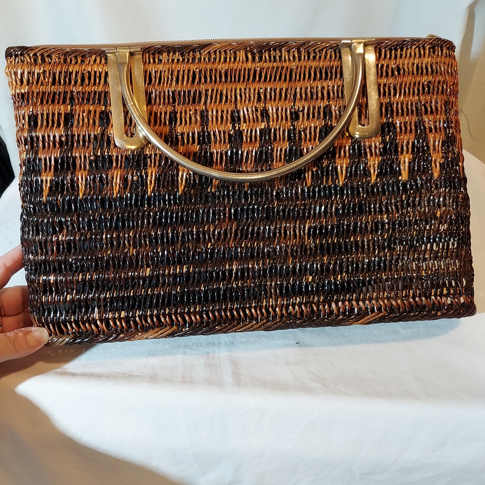 Brown Wicker Woven Tote With Gold Handles - Picture 3 of 9